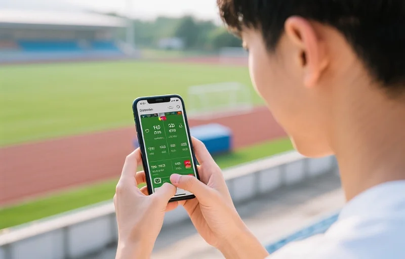 年轻人使用手机app查看体育赛事实时比分，背景为运动场